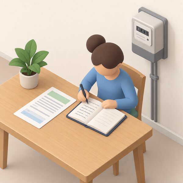 A kitchen table with a paper energy bill and an open notebook in which a small isometric figure has just written a meter reading, beside a wall-mounted electricity meter, showing household records kept together for later comparison.