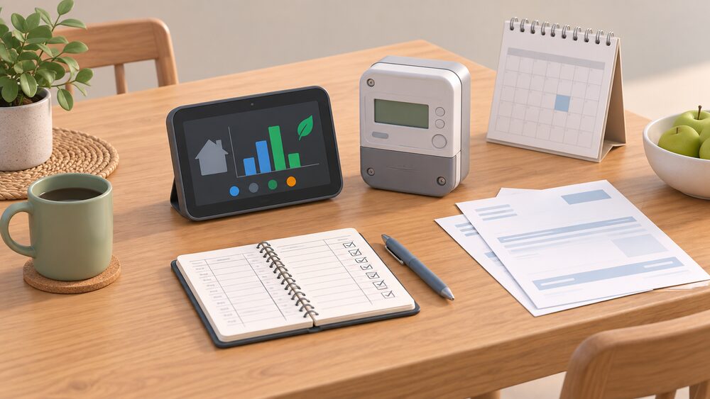 A kitchen table seen from above with a portable touchscreen in-home display standing upright beside a smart electricity meter, a handwritten reading log notebook, a paper energy bill and a wall calendar, arranged as a household comparing before-and-after energy use.