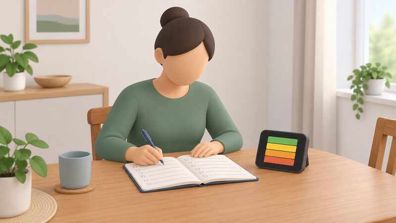 A householder sits at a table in a home writing meter readings into an open notebook, with a smart meter in-home display standing beside the notebook showing its screen of plain usage blocks.