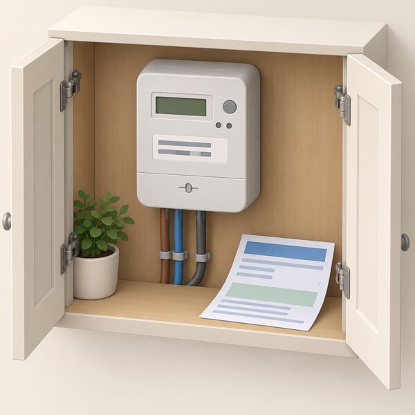 A domestic electricity meter inside an open cupboard, with a small printed label on the meter carrying the MPAN shown only as blank lines, beside a folded electricity bill on the cupboard shelf whose layout is shown as plain colour bands and blank lines.