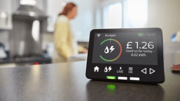 A smart energy monitor display on a kitchen worktop showing £1.26 used so far today (8.02 kWh), with a blurred woman in the background