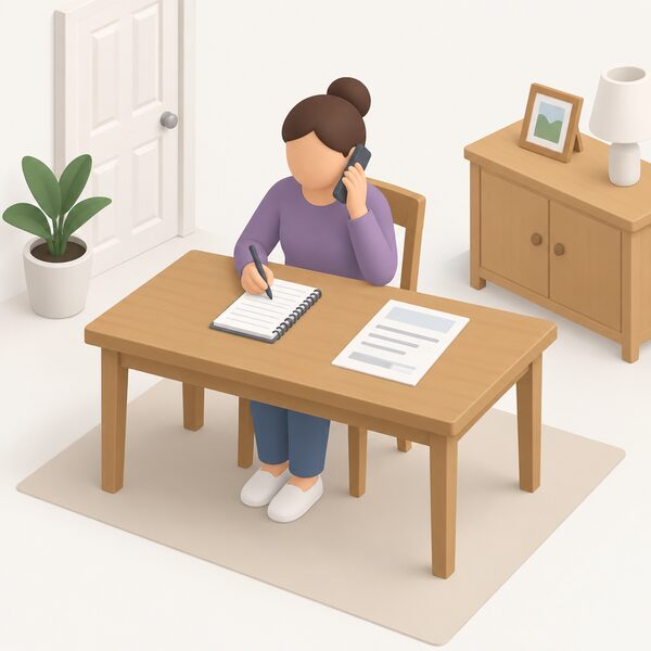 A simplified isometric householder seated at a hall table with an energy bill beside them, holding a phone to their ear while making a call to their utility supplier to sign up for the Priority Services Register, with a notepad for noting confirmation.