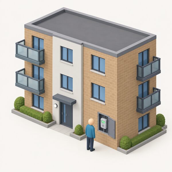 A block of flats with a communal meter box set into an outside wall, its door open to show a smart meter with a small glowing display, and a simplified figure standing beside it looking at the meter.