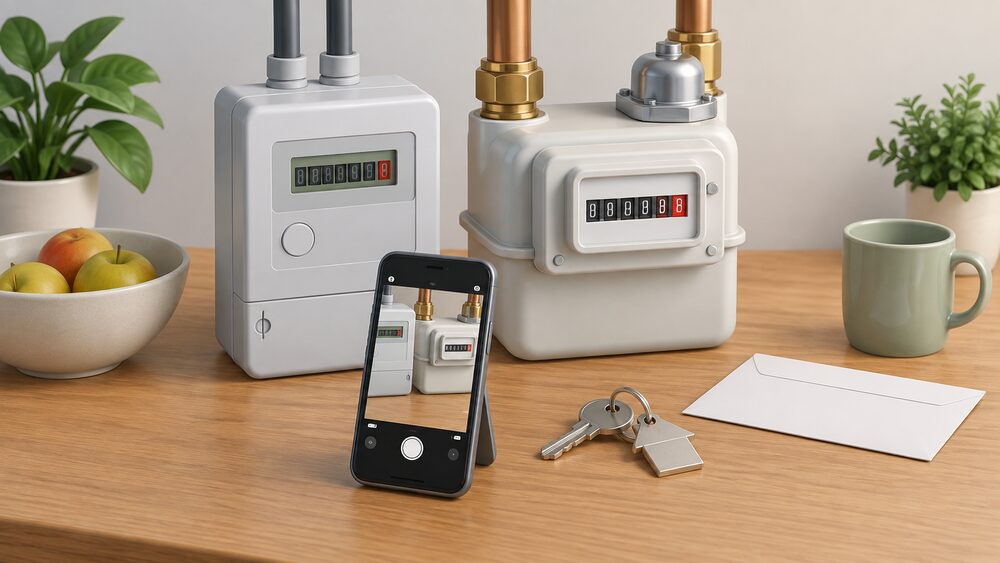 A close-up tabletop scene on moving-in day: a domestic electricity meter and a gas meter standing side by side on a kitchen table, a smartphone propped facing the meter faces as if photographing the readings, beside a set of house keys and a blank envelope.