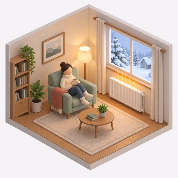 A cosy living room on a cold day, with a radiator warming the space and a simplified figure relaxing comfortably in an armchair while frost or snow is visible through the window outside.