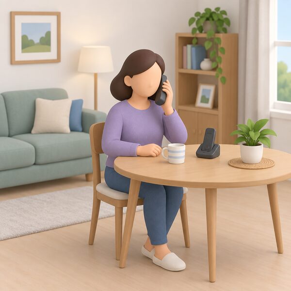 A householder seated at a table in a home living room holds a cordless handset to their ear mid-call, with the phone's base unit on the table beside them, showing a free advice helpline call in progress.