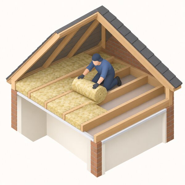 An installer in plain work clothing kneeling in a loft, unrolling a blanket of mineral wool insulation between the timber joists over the ceiling of a home, with part of the loft already covered and part still bare, showing the fabric work that reduces the energy the home requires.