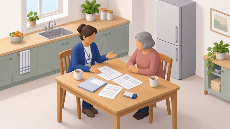 A fuel poverty adviser and a householder sit together at a kitchen table, with paperwork spread between them and a prepayment meter key resting on the table, as the adviser talks the householder through the documents.