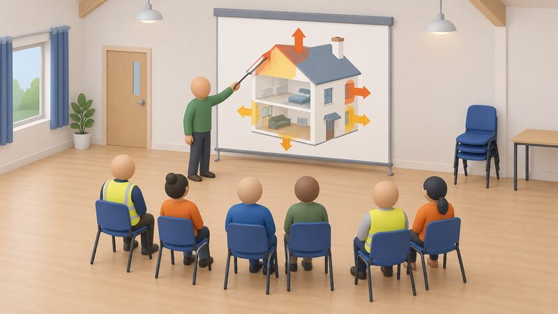 In a simple community hall, a small isometric adviser stands beside a large wall chart of a cutaway house with plain colour patches marking where heat escapes, pointing at the roof while a few seated frontline workers watch the session.