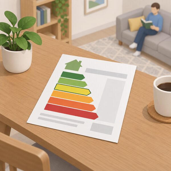 An energy performance certificate as a physical document lying on a table in a home, showing its rating band as a plain colour-banded chart with the relevant band highlighted, with no readable words or numbers.