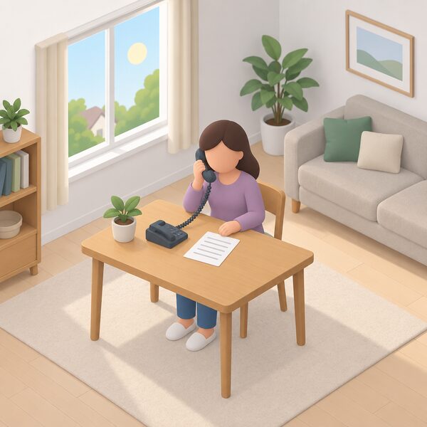 A simplified isometric figure sits at a table in a home living room holding a telephone handset to their ear, with daylight through a window suggesting daytime opening hours, and a printed sheet with blank lines lying on the table beside them.
