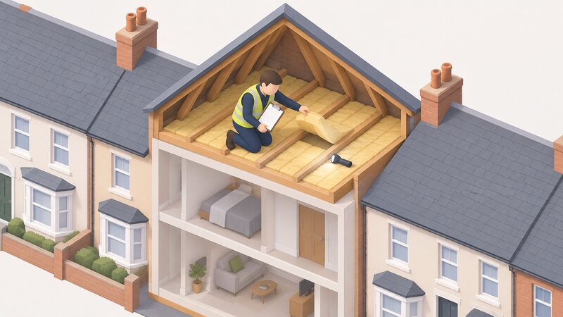 A Nest assessor standing in the loft space of a Welsh terraced house, lifting a section of insulation with one hand and holding a clipboard in the other, checking the depth of the insulation between the joists while a torch rests nearby.
