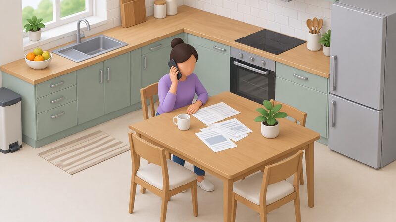 A householder sitting at a kitchen table telephoning Nest on a cordless or mobile phone, with a few papers such as a benefit letter and Council Tax statement laid out beside them ready for the eligibility check.