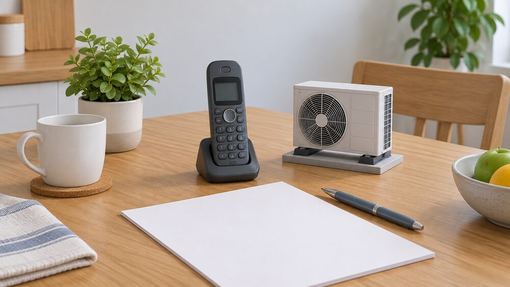A cordless telephone resting on a kitchen table beside a blank application form, a pen, and a small model of an air source heat pump standing on its fan unit base, suggesting a household phoning to apply for funded home improvements.