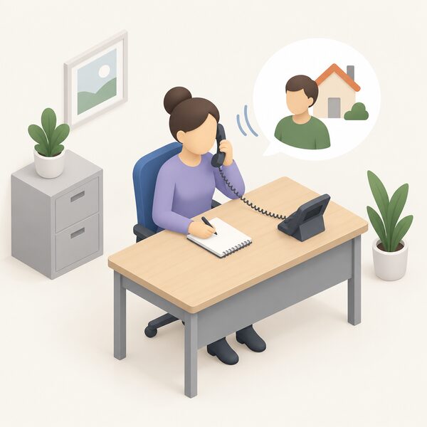 A simplified isometric adviser sits at an office desk holding a telephone handset to their ear, with a notepad and pen before them and no products, brochures, sales material or payment of any kind on or near the desk, while a householder is represented only by the incoming call.
