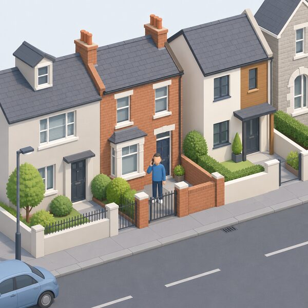 A small isometric householder standing at the gate of a typical Northern Ireland terraced home, holding a phone to their ear, with neighbouring houses of different styles along the street to show the advice line serves every household, not just one type of tenancy.