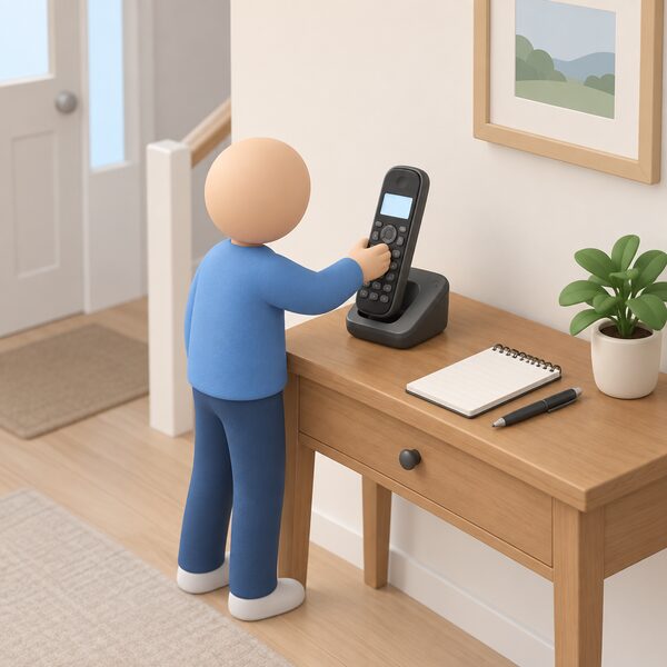 A cordless telephone handset lying on a hall table beside a notepad and pen, its screen lit as a plain blank band, with a small simplified figure lifting the receiver ready to make a free call to the advice line.