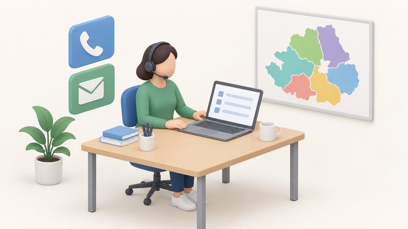 A simplified isometric adviser sits at an office desk wearing a headset, one hand on a laptop whose screen shows a plain checklist of blank lines, with a wall chart of simplified Northern Ireland council areas in plain colours behind, conveying a phone and email advice service rather than a home visit.