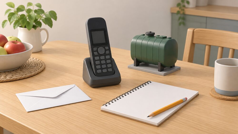 A cordless telephone resting on a kitchen table beside a blank notepad and pencil, with a plain envelope and a small model of an oil heating tank nearby, suggesting a householder about to ring a free energy advice line.