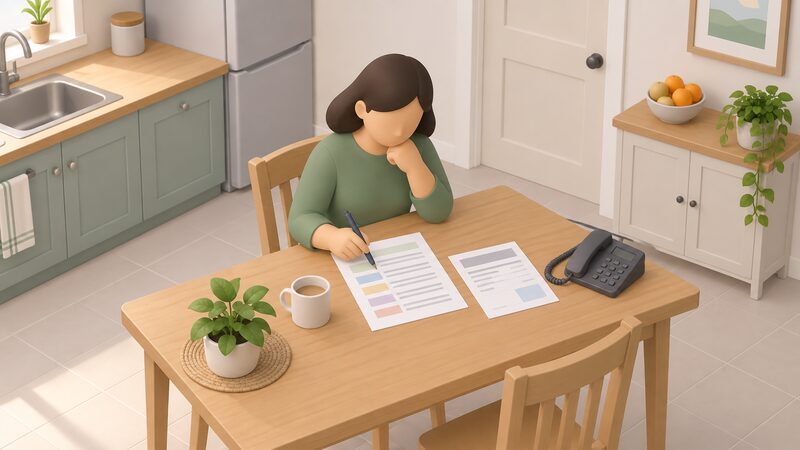 A printed list of grant schemes lies on a kitchen table beside a landline telephone and a household energy bill, with a simplified figure seated holding a pen, reading the list as if working through which scheme the household might match.