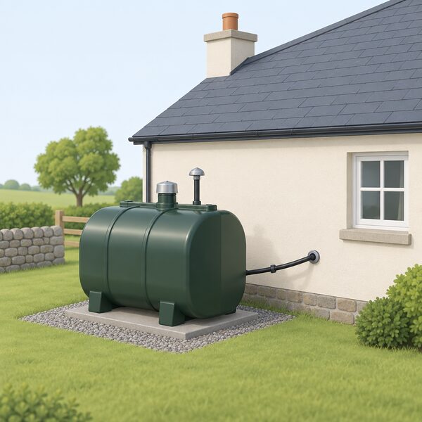 A domestic heating oil storage tank standing outside a simple rural house, with a fill pipe and vent on the tank and an oil supply line running into the house wall, clearly away from any gas grid connection.