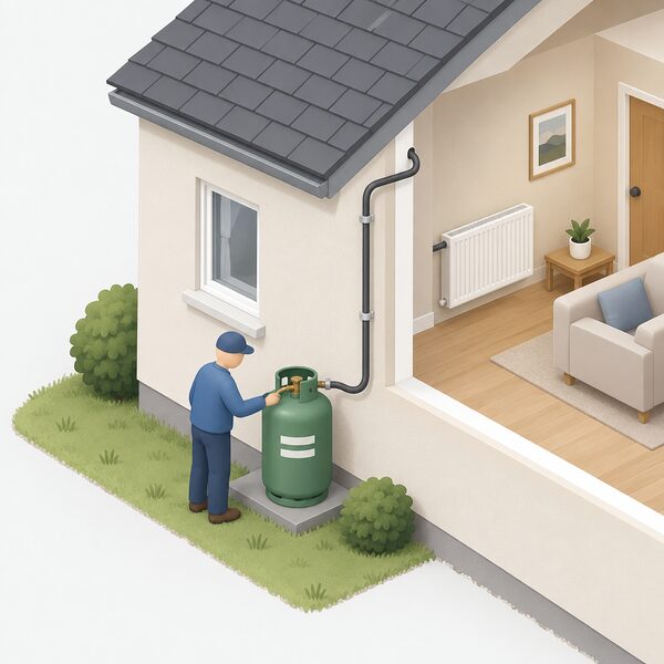 A single LPG cylinder standing on a hard base outside the back wall of a small off-grid house, connected by a pipe running up the wall into the home to supply its heating, with a simplified figure checking the connection.