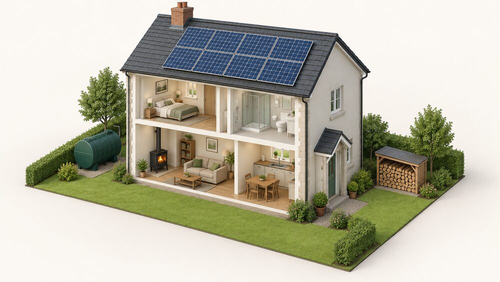 A cutaway detached home with solar panels on its roof, an oil tank and a log store standing outside on the garden side, and a wood-burning stove in the living room, showing the fuel routes of a home with no mains gas connection.