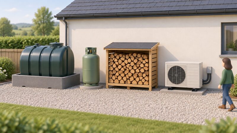 A simplified row outside a house showing four off-grid heating options side by side: a bunded oil tank on a base, a standing LPG cylinder, a stacked log store under a shelter, and an air source heat pump unit on the ground with pipework toward the wall.