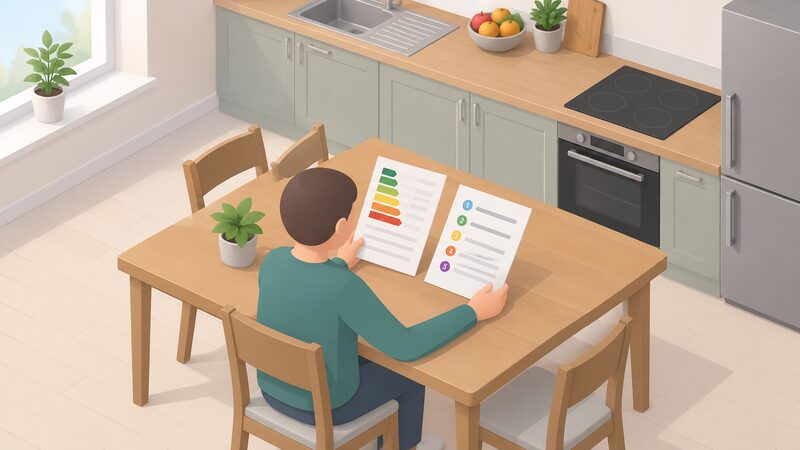 A householder seated at a kitchen table comparing two printed documents side by side: an EPC recommendations report showing plain colour bands for ratings and blank lines for measures and costs, and a whole house retrofit plan sheet showing a simple ordered list of blank steps.