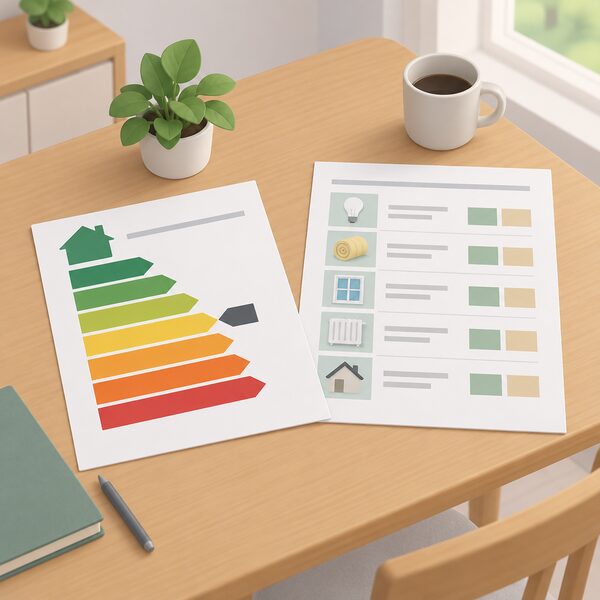 An Energy Performance Certificate sheet and its recommendations report lying on a household table, the certificate showing a plain A to G colour band scale from green to red with one band marked, and the report showing blank lines with simple blocks representing listed cost effective measures such as low energy bulbs and insulation upgrades.