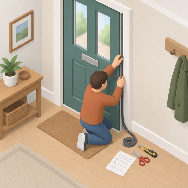 A lone householder kneeling at a home's front door fitting draught-proofing strip around the frame, with a simple checklist sheet and a few tools on the floor beside them and no other person directing the work.