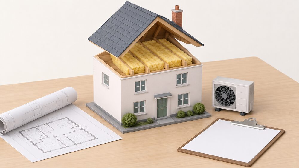 A small model house sits centrally on a table, its roof lifted off to show a thick layer of loft insulation between the joists, with a tiny air source heat pump fan unit standing beside it on the table and a rolled plan and blank clipboard laid alongside.