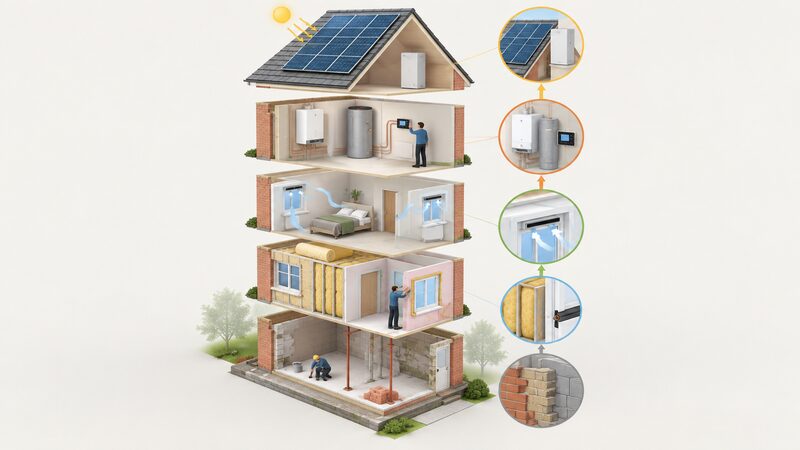 A cutaway house shown as five stacked horizontal layers, one above the other, each layer depicting one retrofit stage in sequence: repair of the structure, fabric insulation and draught proofing, ventilation, a heating system, and rooftop solar panels with a battery, arranged as a stepped sequence from bottom to top.