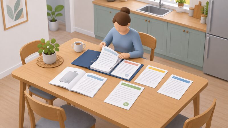 A householder's open folder on a kitchen table with certificates, a commissioning record, a user manual and warranty sheets laid out beside it, one small figure seated turning a page.