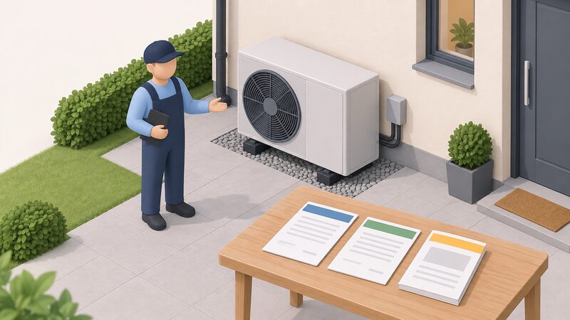 A small isometric figure of an installer standing beside a newly fitted air source heat pump outside a house, with its installation record, commissioning certificate and user manual laid out as physical documents on a nearby surface, contents shown only as blank lines and plain colour bands.