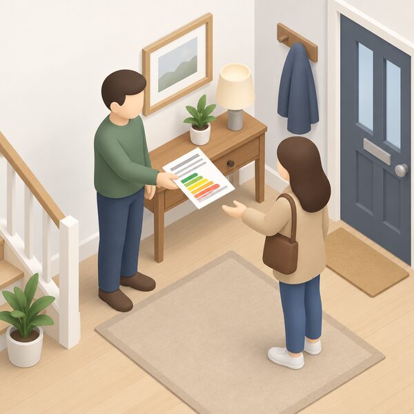 A printed energy performance certificate lying on a hall table of a home, with a simplified isometric owner figure handing the paper document across to a prospective buyer or tenant, showing the owner's duty to hold and pass on the certificate.