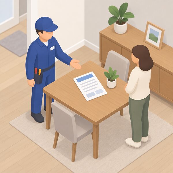 A completed Electrical Installation Certificate as a physical paper document lying on a table in a home, its content shown only as blank lines and plain blocks, with a simplified isometric electrician figure standing nearby having just handed it over.