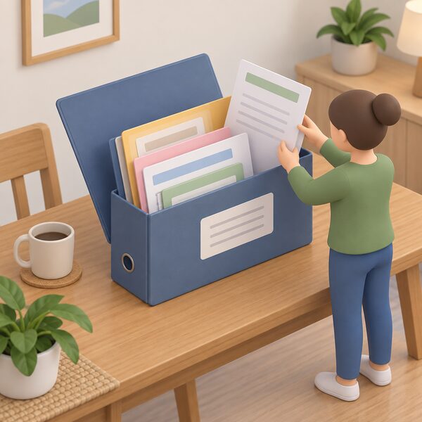 A home file folder lying open on a household table, holding several sheets and certificates of different sizes and colours, with a small simplified figure filing one sheet into it, showing that different energy documents are kept together in one place for differing lengths of time.
