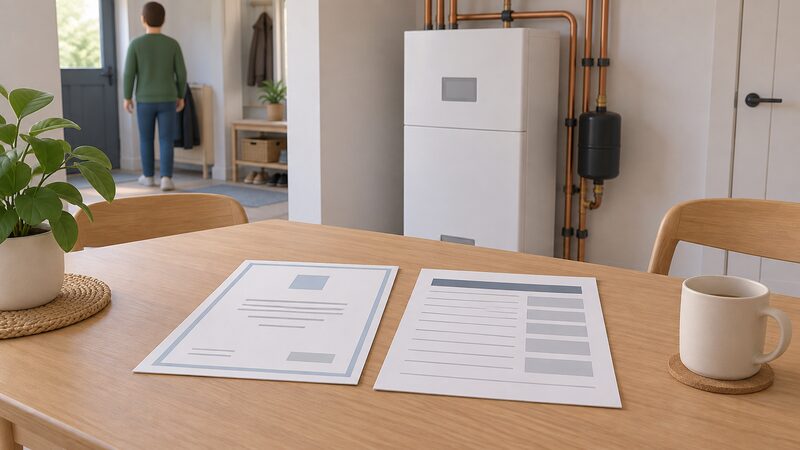 An MCS certificate and a commissioning record lying side by side on a household table beside the indoor unit of a domestic heat pump installation, each document shown with blank lines and plain blocks where the installer, product and commissioning date details would appear.