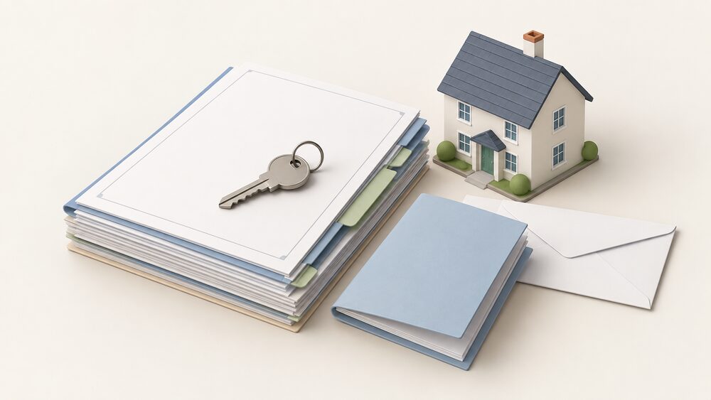 A neat tabletop arrangement of a thick handover pack of blank certificates and commissioning records, a folded warranty booklet, a plain invoice envelope and a house key resting on top, with a small model of a house beside the papers.