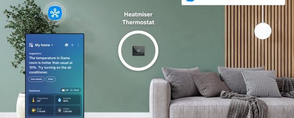 A Heatmiser smart thermostat on a green living room wall next to a Samsung SmartThings app screen showing home temperature and humidity