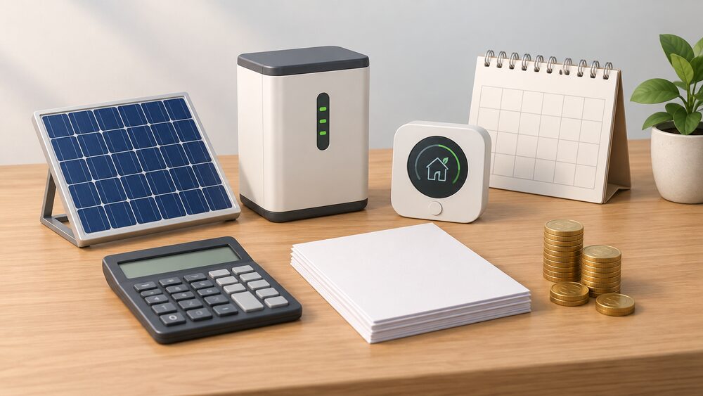 A small rooftop solar panel model, a compact battery unit and a wall thermostat sit in a row on a wooden table beside a blank calculator, a stack of blank paperwork and a small pile of coins, with a plain calendar standing behind them.
