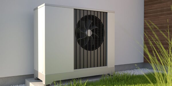 An air-source heat pump unit installed outside a house on a concrete base beside grass