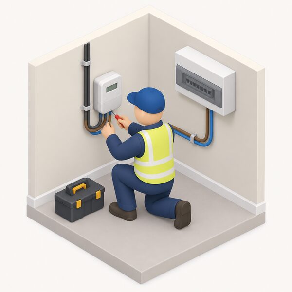 A simplified isometric figure of an installer fitting a smart electricity meter on an inside wall of a home, the meter wired into the incoming electricity supply with its cable running to the consumer unit, shown in a plain interior corner.