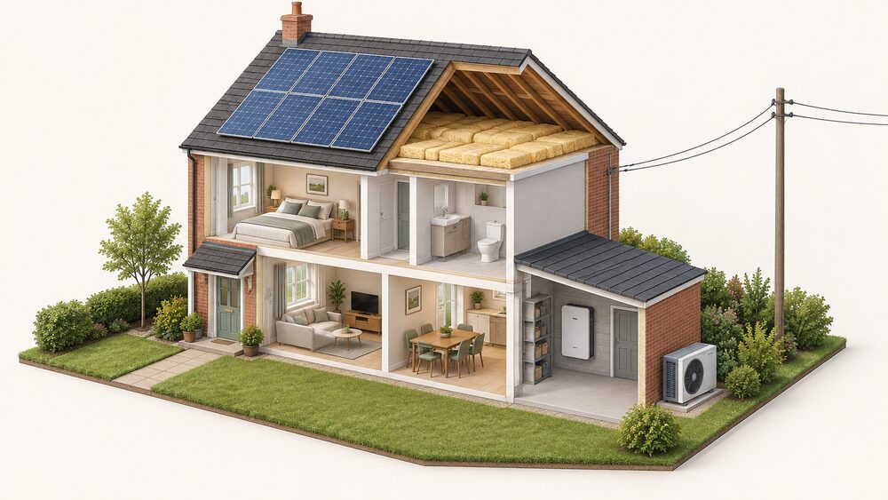 A cutaway of a modest UK house showing the stages towards energy independence: solar panels on the roof, an air source heat pump fan unit standing outside on the ground, a home battery on the wall of a garage or utility space, and loft insulation laid between and over the joists, all still connected to the grid.