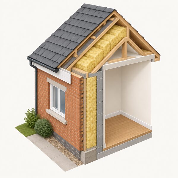 A cutaway view of a house's outer corner showing the external wall and pitched roof above, with thick insulation layers visible within the wall cavity and under the roof slope, illustrating the building fabric that reduces heat loss.