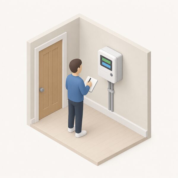 A wall-mounted smart electricity meter box indoors, with a small simplified figure standing beside it taking a reading from its display.