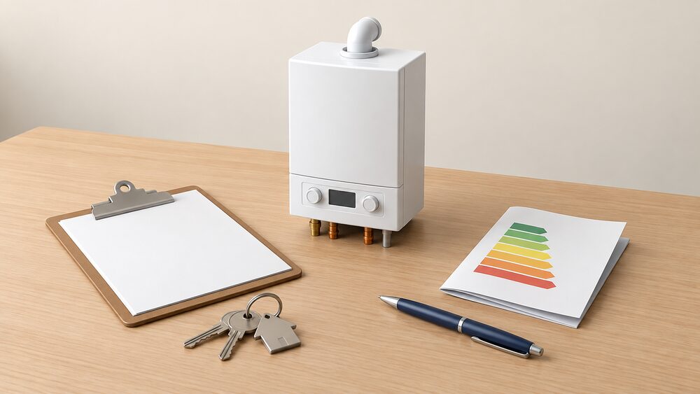 A house viewing moment on a table: a clipboard with blank checklist paperwork and a set of house keys beside a small model of a wall-hung combi boiler, with a folded EPC-style document and a pen laid out ready to note the boiler's details.