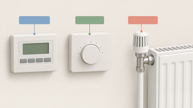 A side-by-side display of three heating controls on a plain neutral background: a wall-mounted programmer, a wall-mounted room thermostat and a thermostatic radiator valve fitted to the top of a panel radiator, each shown clearly as a separate labelled object.