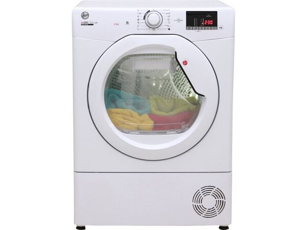 A white Hoover H-Dry 300 freestanding heat pump tumble dryer with clothes visible in the drum